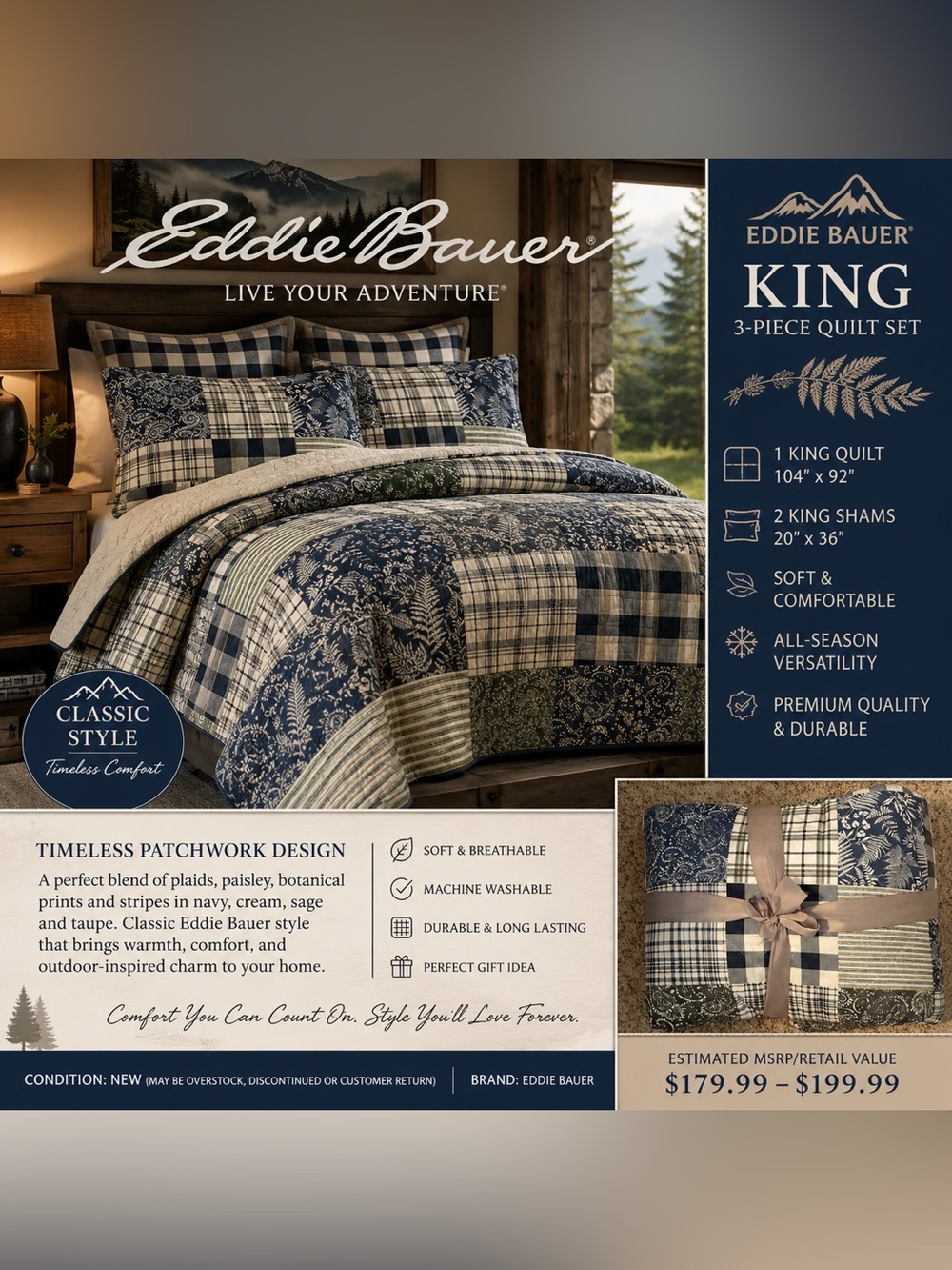 Eddie Bauer Cozy Plaid Patchwork King 3PC Quilt Set Blue Green NWT $220